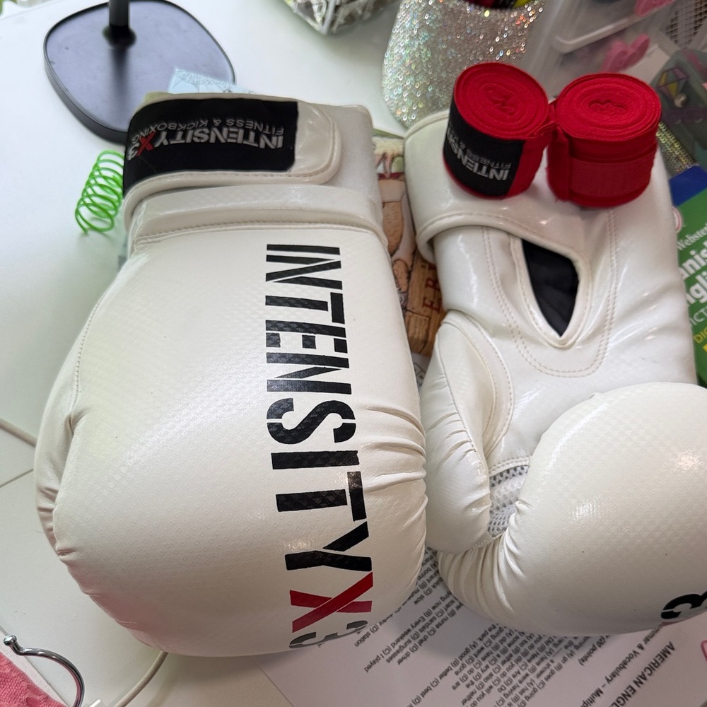 Intensity White Boxing Gloves with Red Accents
